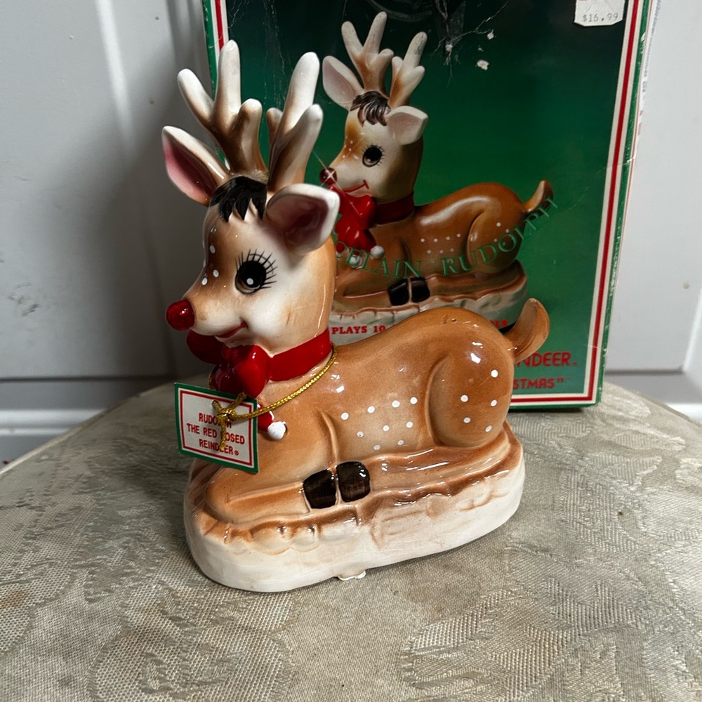 Vintage Rudolph the Red-Nosed Reindeer Holiday Figurine- Porcelain Rudolph- 1982
